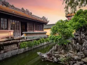 imperial palace hue vietnam sunset garden inner courtyard buildings historic royal palace set