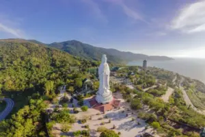 aerial view drone chua linh ung bai but temple lady buddha temple in da nang vietnam