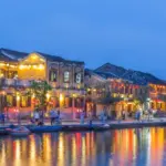 hoi ancient town night vietnam th march view over thu bon river towards bach dang street colourful lights buildings 148173892