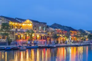 hoi ancient town night vietnam th march view over thu bon river towards bach dang street colourful lights buildings 148173892